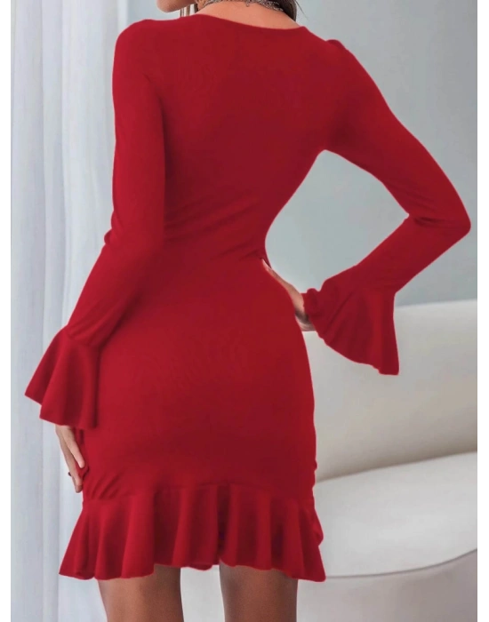 Kadın Uzun Kollu Yuvarlak Yaka Etek Ucu Fırfırlı Janjan Krep Elbise