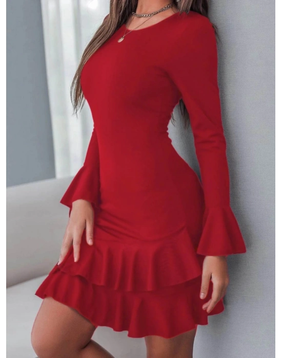 Kadın Uzun Kollu Yuvarlak Yaka Etek Ucu Fırfırlı Janjan Krep Elbise