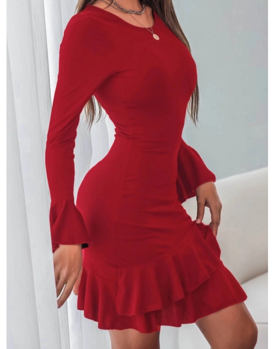 Kadın Uzun Kollu Yuvarlak Yaka Etek Ucu Fırfırlı Janjan Krep Elbise