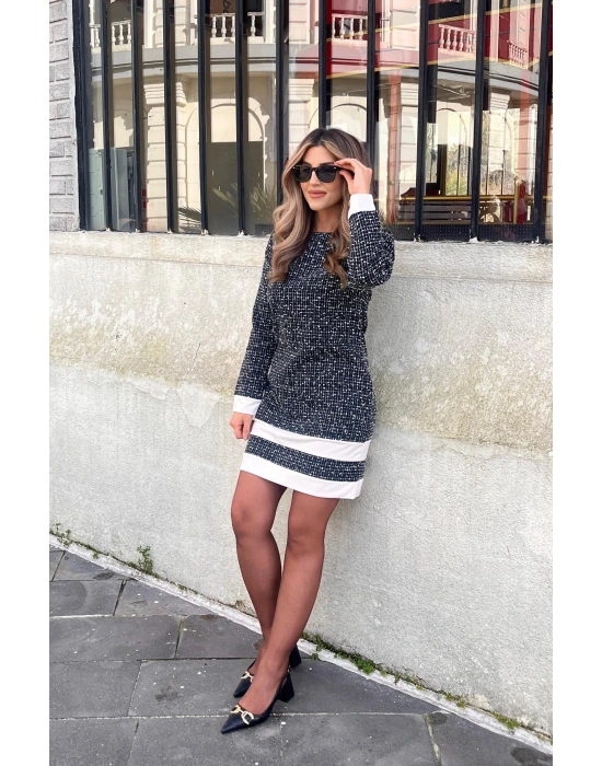 Kadın Uzun Kollu Yuvarlak Yaka Etek Ucu şerit Detaylı Kısa Dokuma Elbise