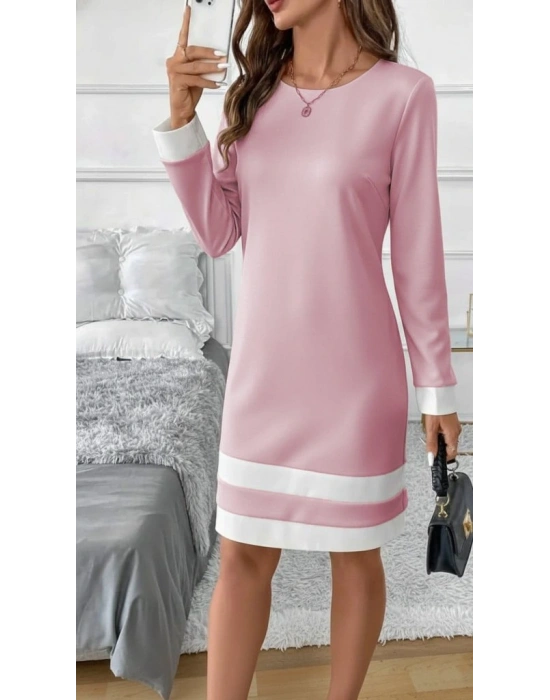 Kadın Uzun Kollu Yuvarlak Yaka Etek Ucu şerit Detaylı Mini Dalgıç Elbise