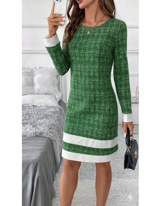 Kadın Uzun Kollu Yuvarlak Yaka Etek Ucu şerit Detaylı Mini Dokuma Elbise