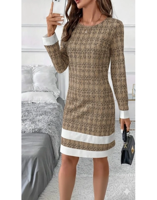 Kadın Uzun Kollu Yuvarlak Yaka Etek Ucu şerit Detaylı Mini Dokuma Elbise