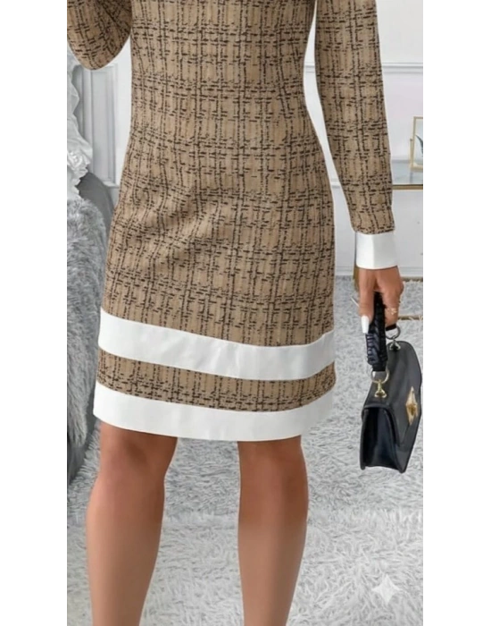 Kadın Uzun Kollu Yuvarlak Yaka Etek Ucu şerit Detaylı Mini Dokuma Elbise