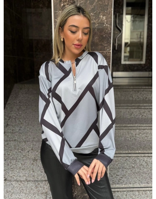 Kadın Uzun Kollu Yuvarlak Yaka Fermuarlı Desenli şardonlu Bluz