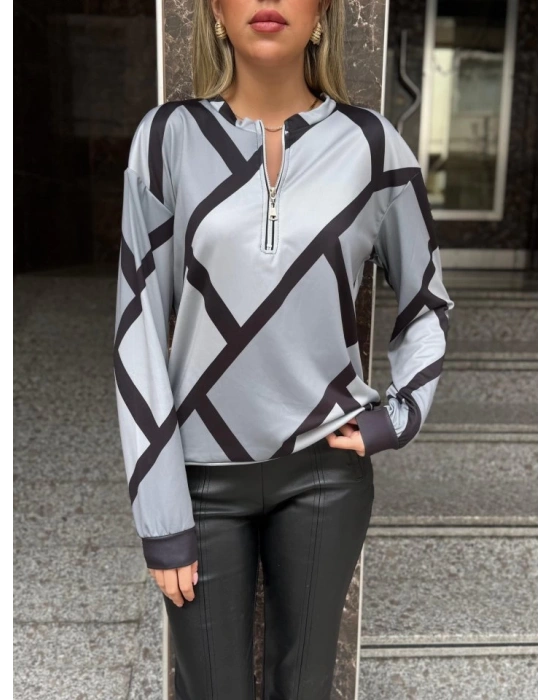 Kadın Uzun Kollu Yuvarlak Yaka Fermuarlı Desenli şardonlu Bluz