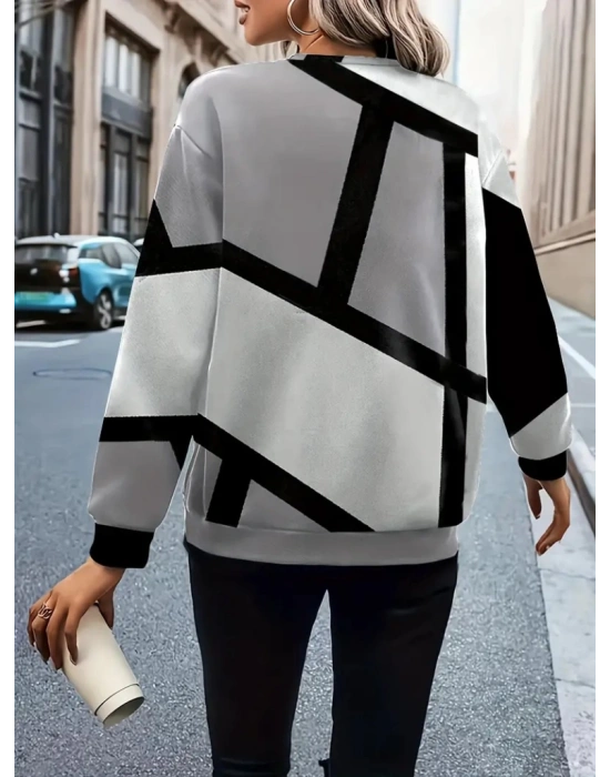 Kadın Uzun Kollu Yuvarlak Yaka Fermuarlı Desenli şardonlu Bluz