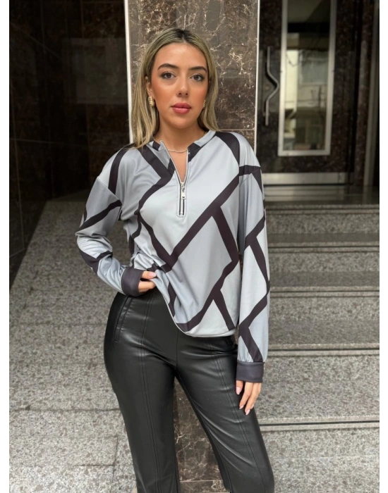 Kadın Uzun Kollu Yuvarlak Yaka Fermuarlı Desenli şardonlu Bluz