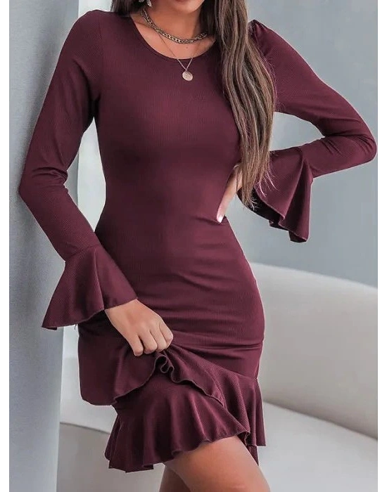 Kadın Uzun Kollu Yuvarlak Yaka Fırfırlı Kol Ucu Volanlı Janjan Krep Mini Elbise