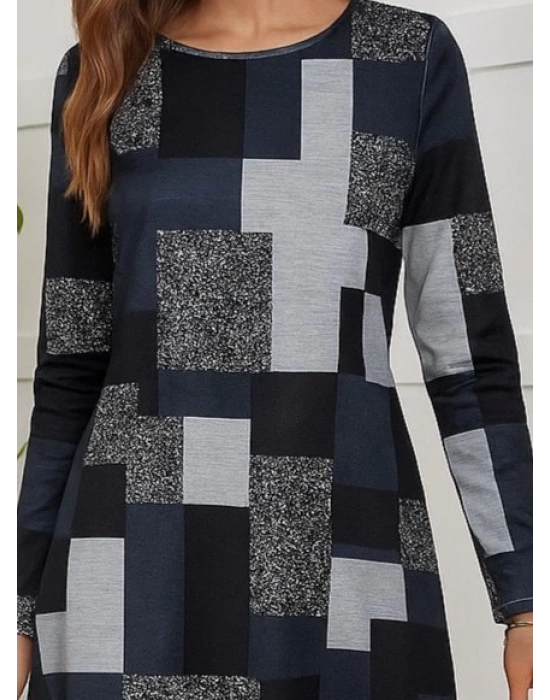 Kadın Uzun Kollu Yuvarlak Yaka Geometrik Süprem Elbise