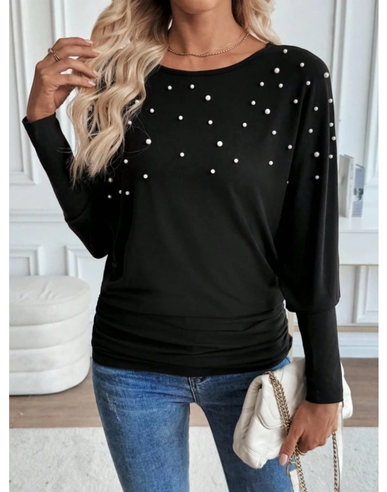 Kadın Uzun Kollu Yuvarlak Yaka Incili Viskon Bluz