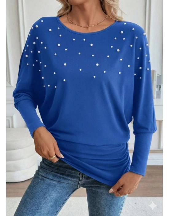 Kadın Uzun Kollu Yuvarlak Yaka Incili Viskon Bluz