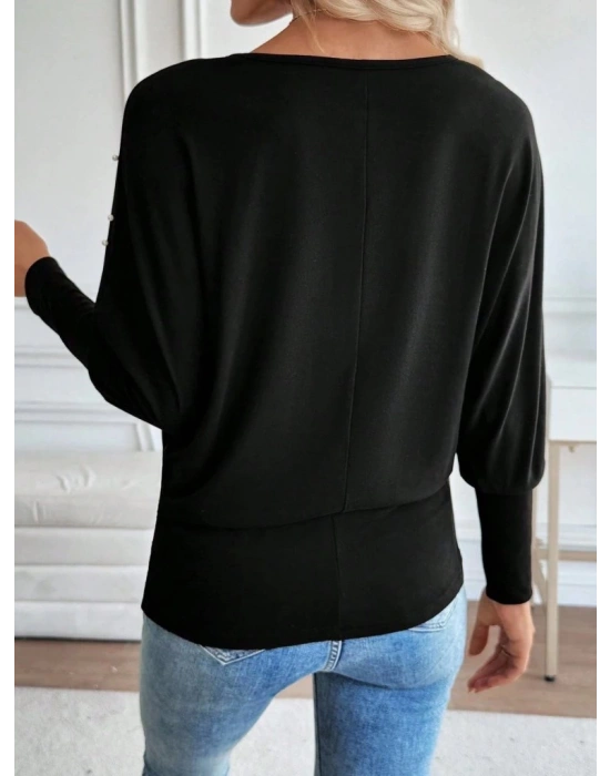 Kadın Uzun Kollu Yuvarlak Yaka Incili Viskon Bluz