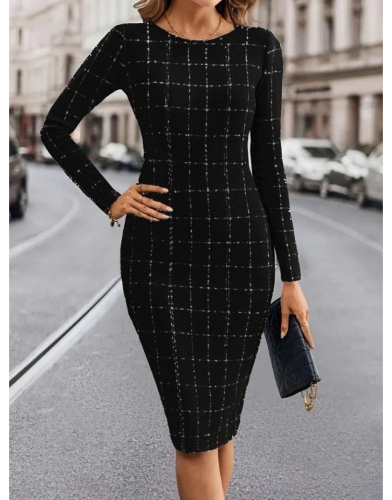 Kadın Uzun Kollu Yuvarlak Yaka Mini Dokuma Elbise