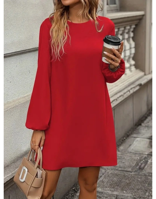 Kadın Uzun Kollu Yuvarlak Yaka Mini Ithal Krep Elbise