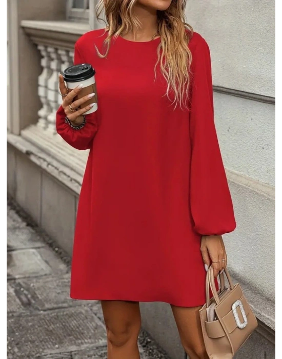 Kadın Uzun Kollu Yuvarlak Yaka Mini Ithal Krep Elbise
