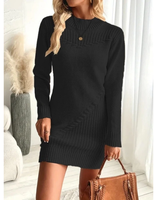 Kadın Uzun Kollu Yuvarlak Yaka Mini Triko Elbise