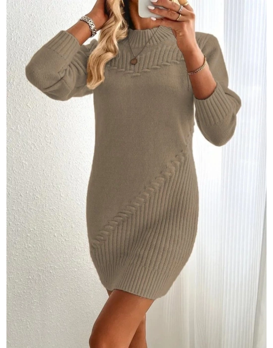 Kadın Uzun Kollu Yuvarlak Yaka Mini Triko Elbise