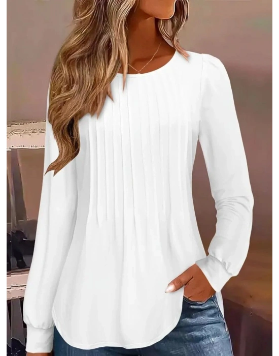Kadın Uzun Kollu Yuvarlak Yaka Nervürlü Bluz