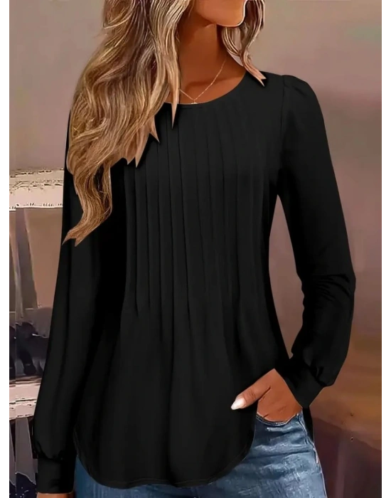 Kadın Uzun Kollu Yuvarlak Yaka Nervürlü Bluz