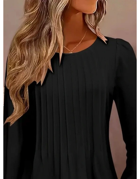 Kadın Uzun Kollu Yuvarlak Yaka Nervürlü Bluz