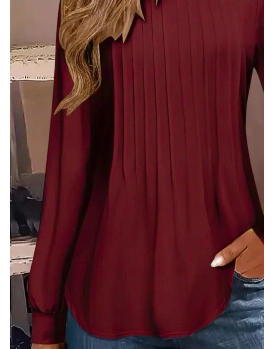 Kadın Uzun Kollu Yuvarlak Yaka Nervürlü Bluz