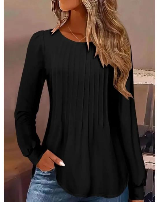 Kadın Uzun Kollu Yuvarlak Yaka Nervürlü Bluz