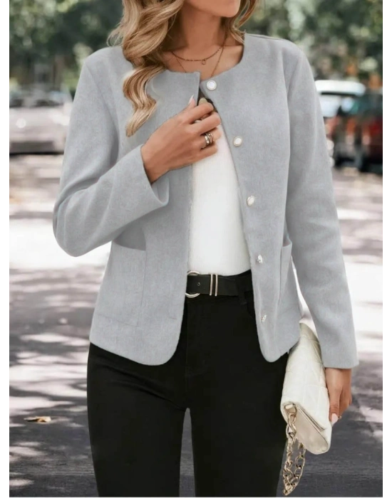 Kadın Uzun Kollu Yuvarlak Yaka önden Düğmeli Kaşe Ceket