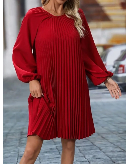 Kadın Uzun Kollu Yuvarlak Yaka Pileli Salaş Mini Ithal Krep Elbise
