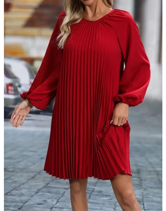 Kadın Uzun Kollu Yuvarlak Yaka Pileli Salaş Mini Ithal Krep Elbise
