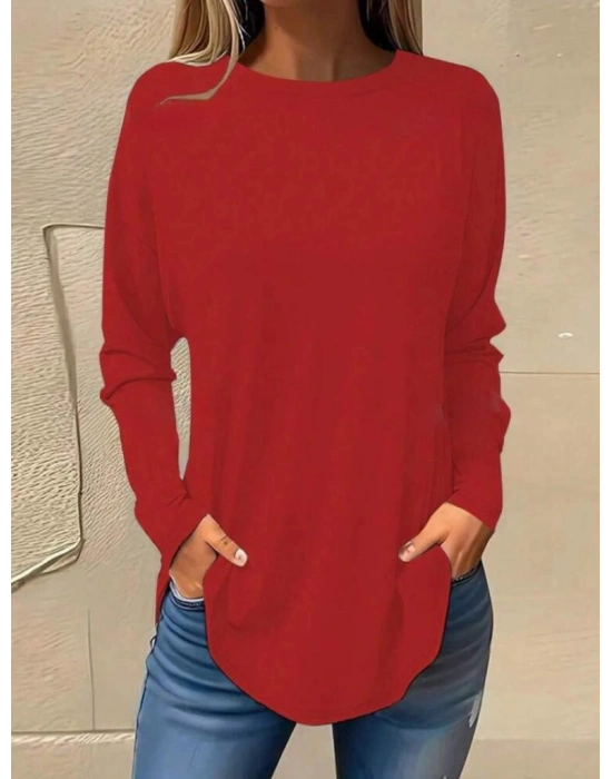 Kadın Uzun Kollu Yuvarlak Yaka Salaş Iki Iplik Bluz