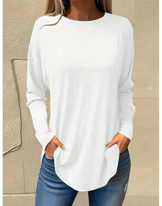 Kadın Uzun Kollu Yuvarlak Yaka Salaş Iki Iplik Bluz