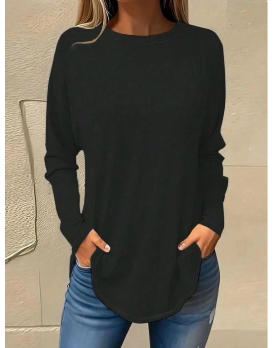 Kadın Uzun Kollu Yuvarlak Yaka Salaş Iki Iplik Bluz