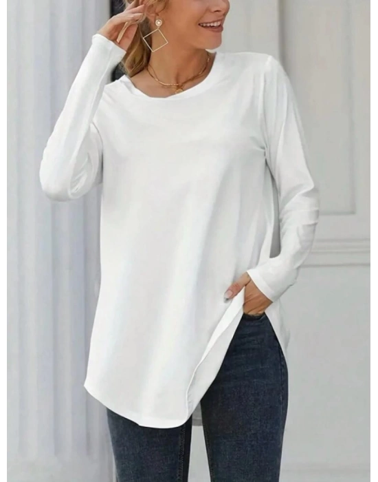 Kadın Uzun Kollu Yuvarlak Yaka Salaş Iki Iplik Bluz