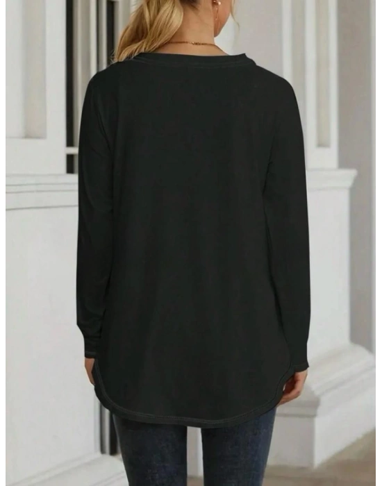 Kadın Uzun Kollu Yuvarlak Yaka Salaş Iki Iplik Bluz