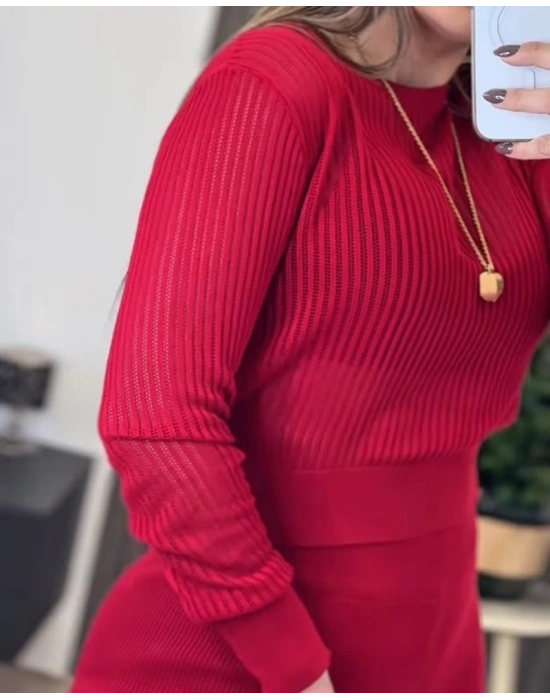 Kadın Uzun Kollu Yuvarlak Yaka Transparan Detaylı Triko Bluz Ve Pantolon Ikili Takım