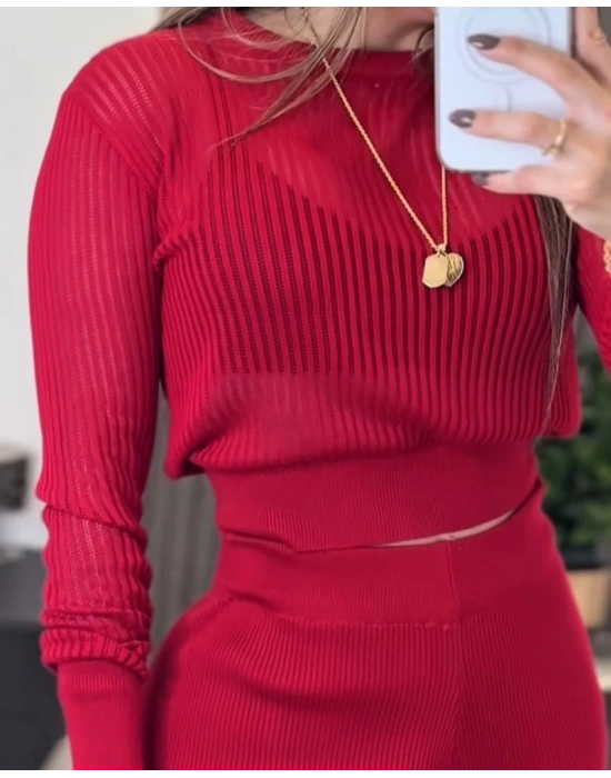 Kadın Uzun Kollu Yuvarlak Yaka Transparan Detaylı Triko Bluz Ve Pantolon Ikili Takım