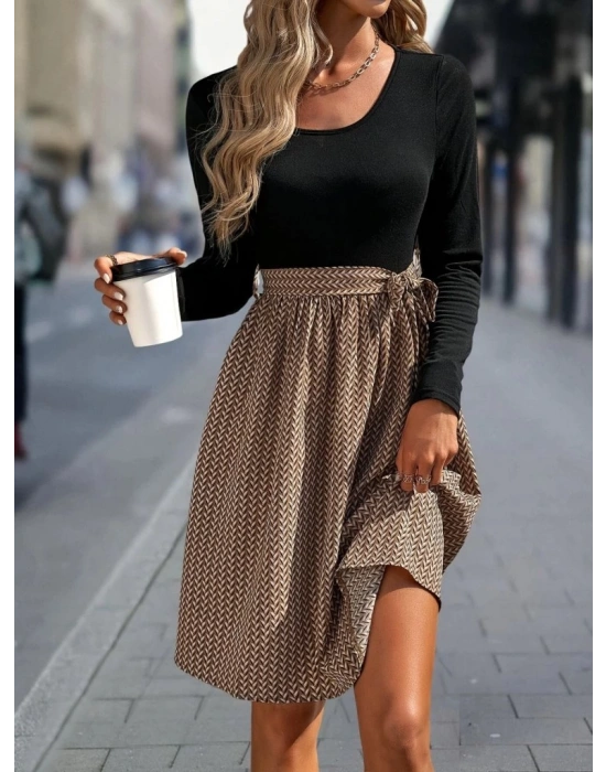 Kadın Uzun Kollu Yuvarlak Yaka üst Viskon Alt Süprem Midi Elbise