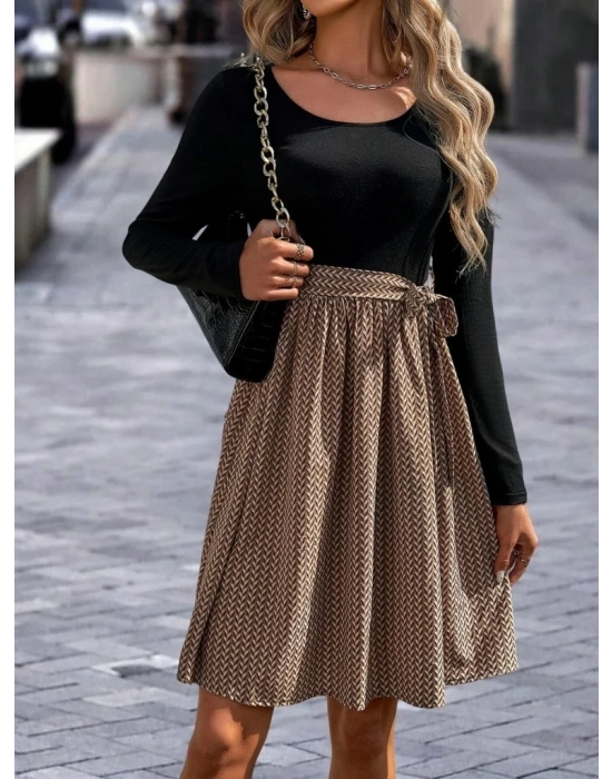 Kadın Uzun Kollu Yuvarlak Yaka üst Viskon Alt Süprem Midi Elbise