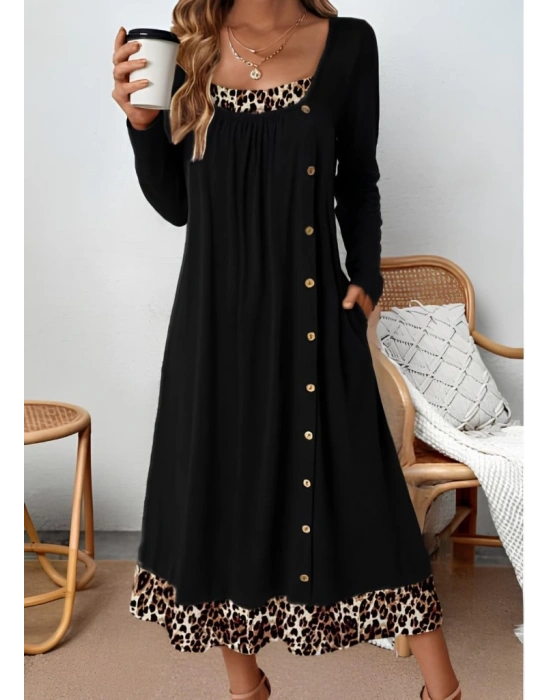 Kadın Uzun Kollu Yuvarlak Yaka Yandan Düğmeli Leopar Desenli Viskon Iki Iplik Elbise
