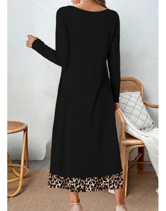 Kadın Uzun Kollu Yuvarlak Yaka Yandan Düğmeli Leopar Desenli Viskon Iki Iplik Elbise