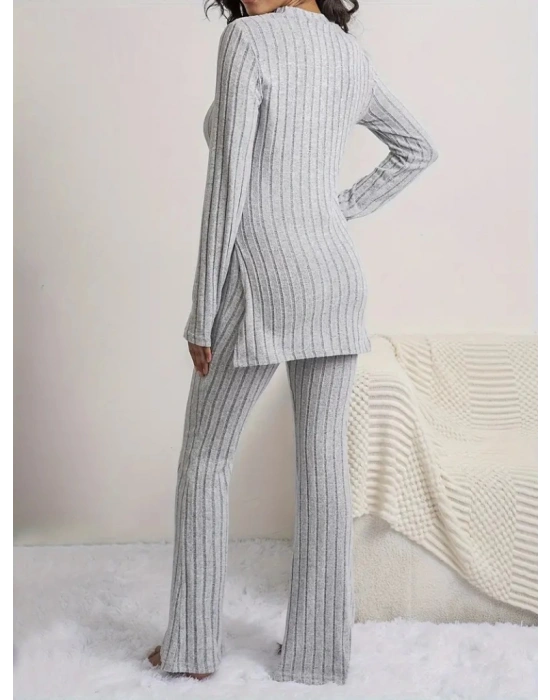 Kadın Uzun Kollu Yuvarlak Yaka Yandan Yırtmaç Detaylı şardonlu Kaşkorse Bluz Ve Pantolon Ikili Takım