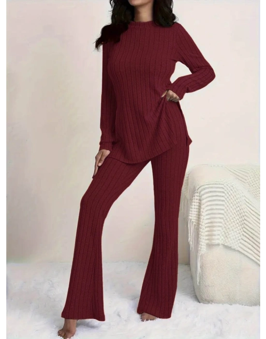 Kadın Uzun Kollu Yuvarlak Yaka Yandan Yırtmaç Detaylı şardonlu Kaşkorse Bluz Ve Pantolon Ikili Takım