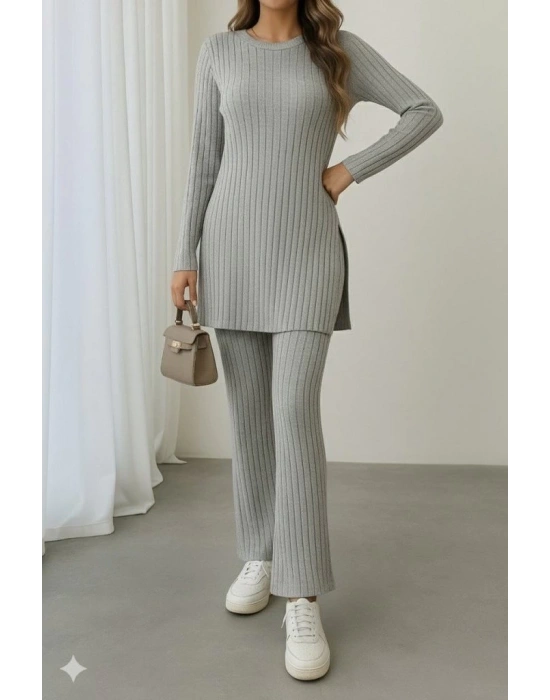 Kadın Uzun Kollu Yuvarlak Yaka Yandan Yırtmaç Detaylı şardonlu Kaşkorse Bluz Ve Pantolon Ikili Takım