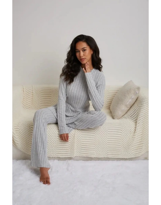 Kadın Uzun Kollu Yuvarlak Yaka Yandan Yırtmaç Detaylı şardonlu Kaşkorse Bluz Ve Pantolon Ikili Takım