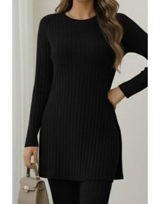 Kadın Uzun Kollu Yuvarlak Yaka Yandan Yırtmaç Detaylı şardonlu Kaşkorse Bluz Ve Pantolon Ikili Takım