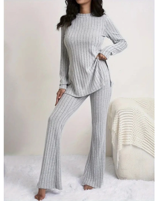 Kadın Uzun Kollu Yuvarlak Yaka Yandan Yırtmaç Detaylı şardonlu Kaşkorse Bluz Ve Pantolon Ikili Takım