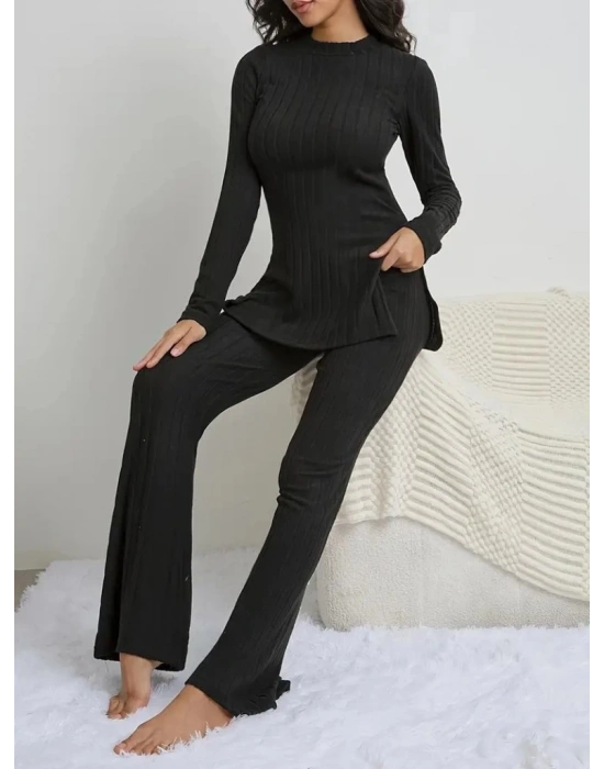 Kadın Uzun Kollu Yuvarlak Yaka Yandan Yırtmaç Detaylı şardonlu Kaşkorse Bluz Ve Pantolon Ikili Takım