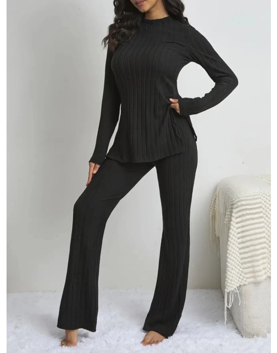 Kadın Uzun Kollu Yuvarlak Yaka Yandan Yırtmaç Detaylı şardonlu Kaşkorse Bluz Ve Pantolon Ikili Takım