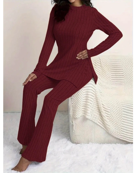 Kadın Uzun Kollu Yuvarlak Yaka Yandan Yırtmaç Detaylı şardonlu Kaşkorse Bluz Ve Pantolon Ikili Takım